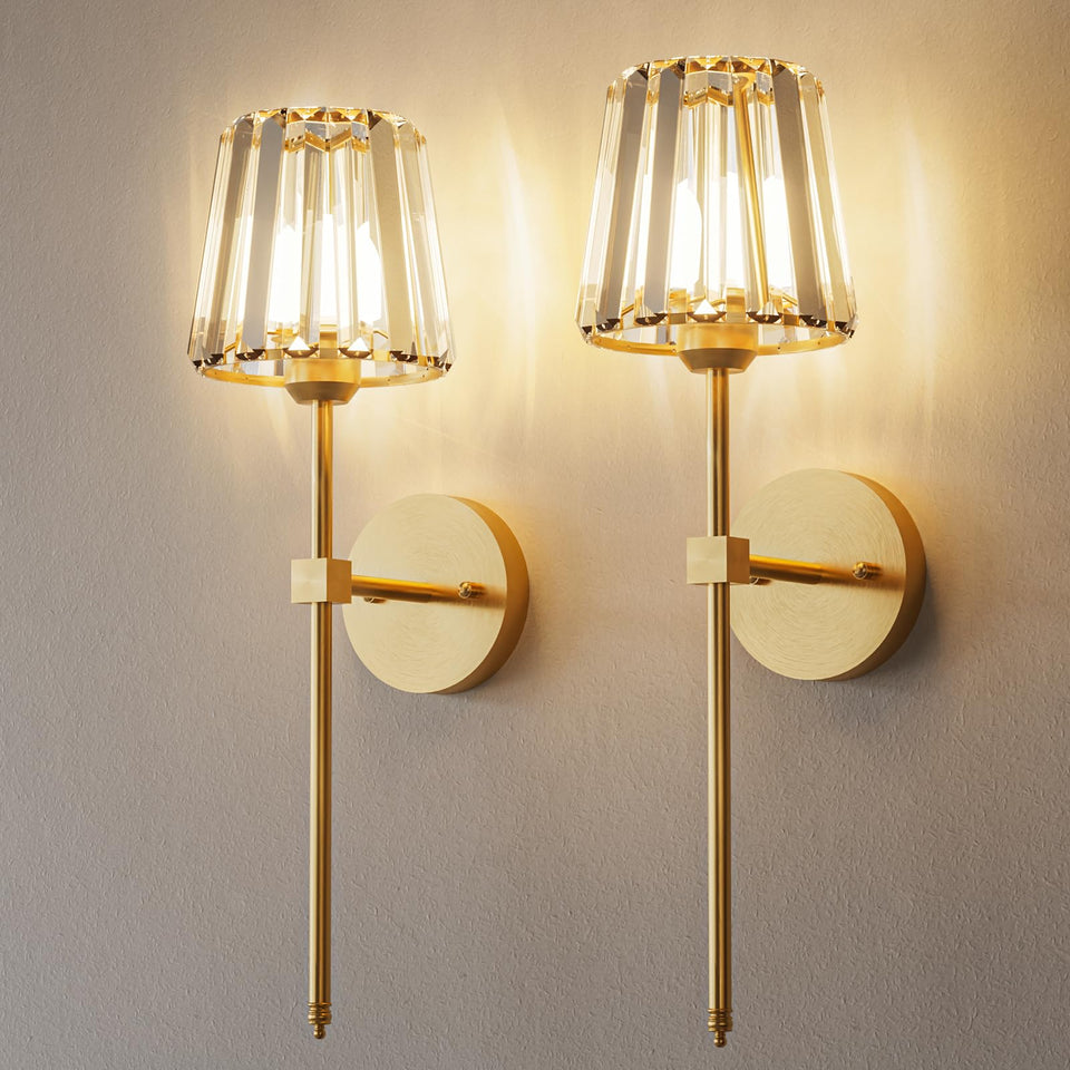 L.JUJAM gold crystal wall sconce set adds elegant ambient lighting to any room