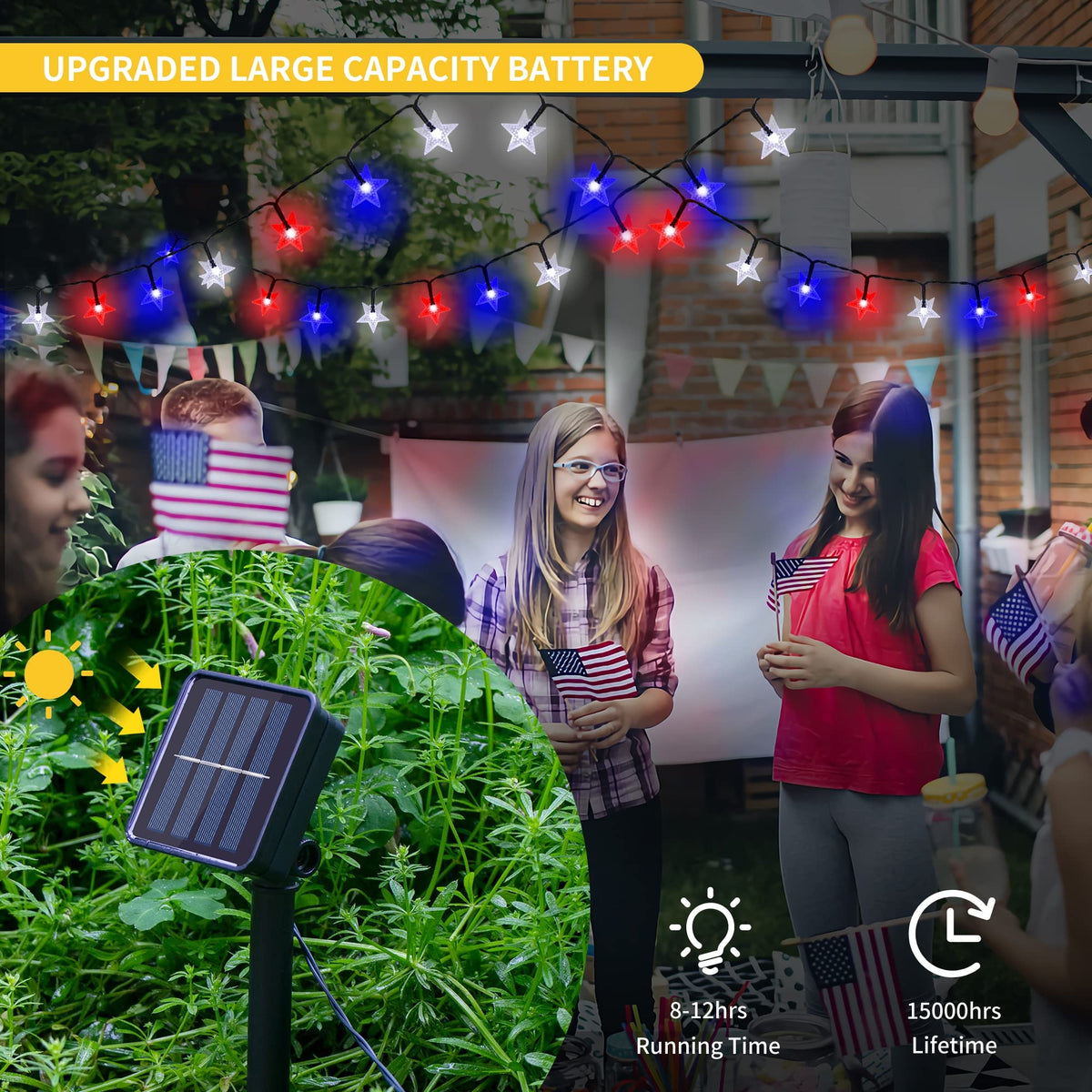 LJLNION 100 LED patriotic star lights on 33ft wire for backyard décor.