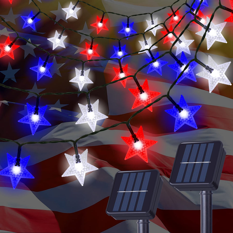 LJLNION 2-pack solar patriotic star lights brighten outdoor spaces for celebrations.