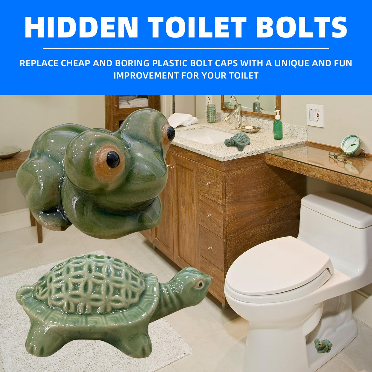 LJZP frog toilet bolt cap on toilet shown in a clean bathroom