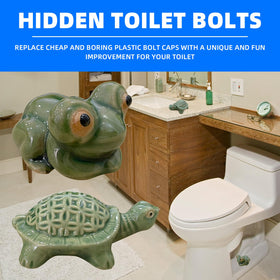 LJZP frog toilet bolt cap on toilet shown in a clean bathroom