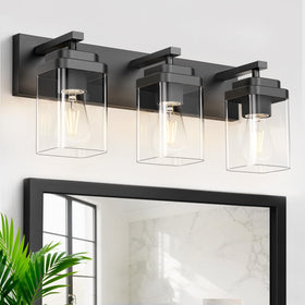 LKHF black bathroom light fixtures over mirror with 3 lights for balanced bathroom illumination.