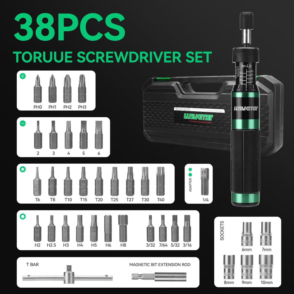 Case with LLAVETOR torque screwdriver and bits organized for quick setup