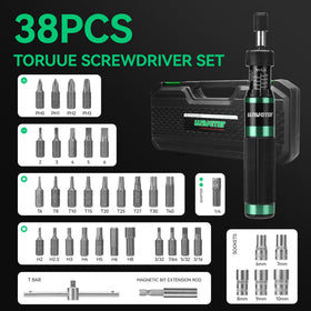 Case with LLAVETOR torque screwdriver and bits organized for quick setup