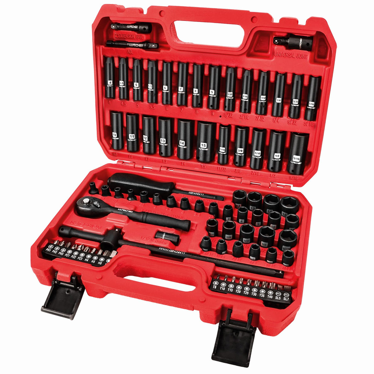 LLNDEI 1/4 drive socket set in an organized case for quick selection.
