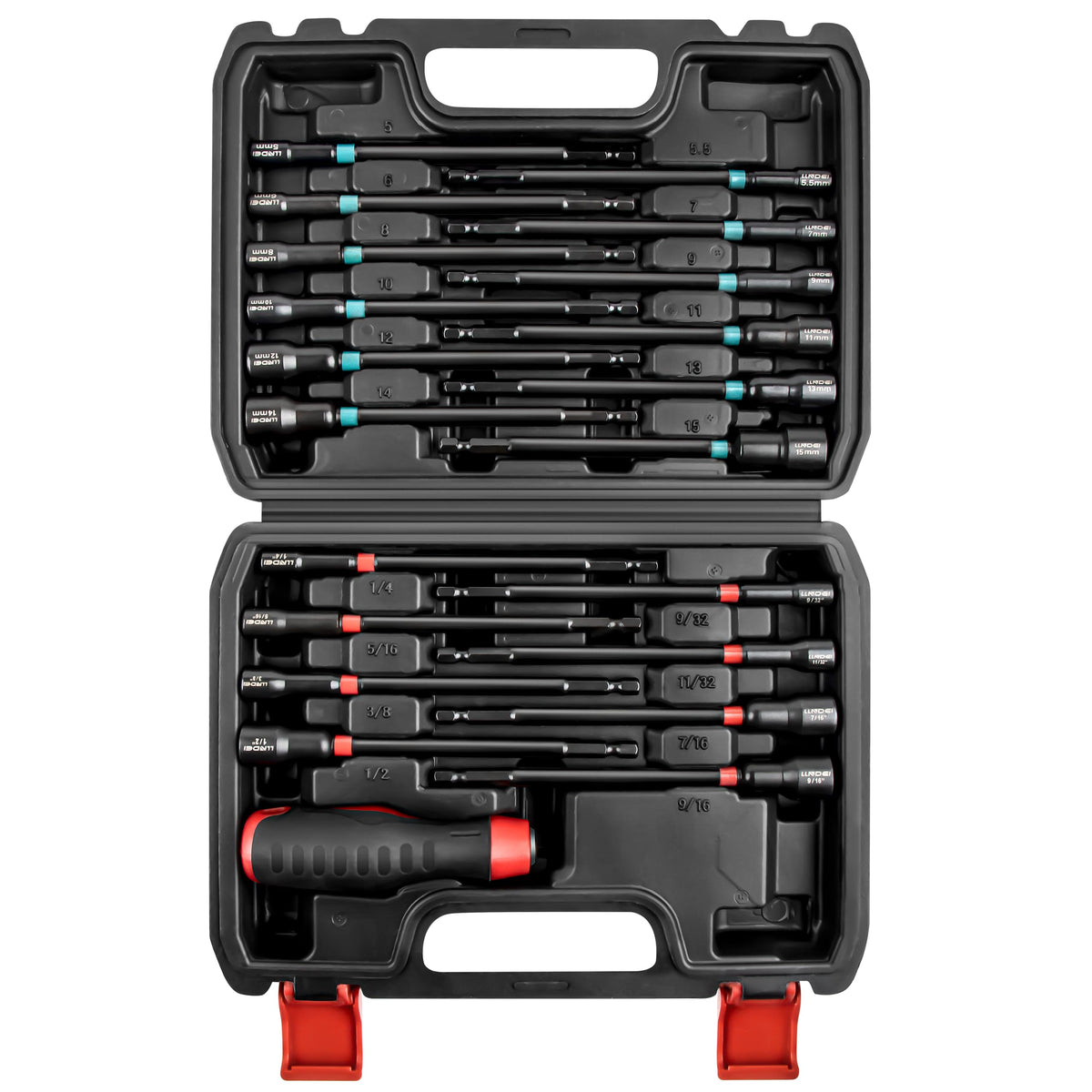 LLNDEI 21-piece magnetic nut driver set laid out by size for quick selection.