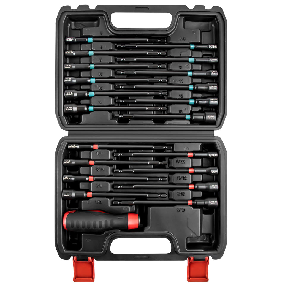 LLNDEI 21-piece magnetic nut driver set laid out by size for quick selection.