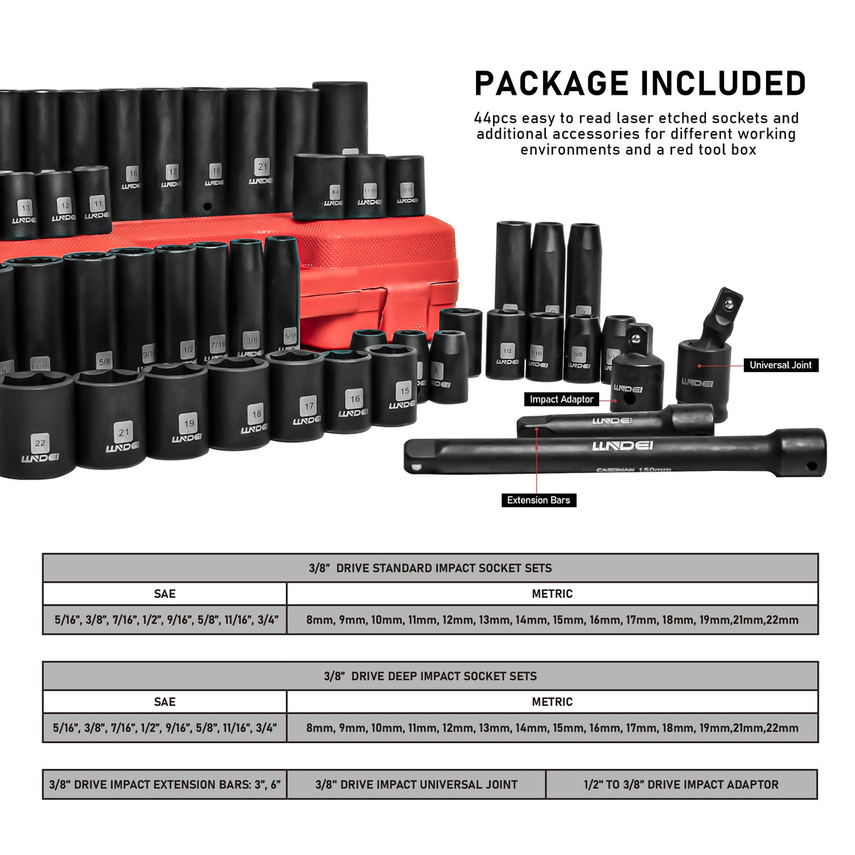 LLNDEI deep sockets 8-22 mm for metric applications