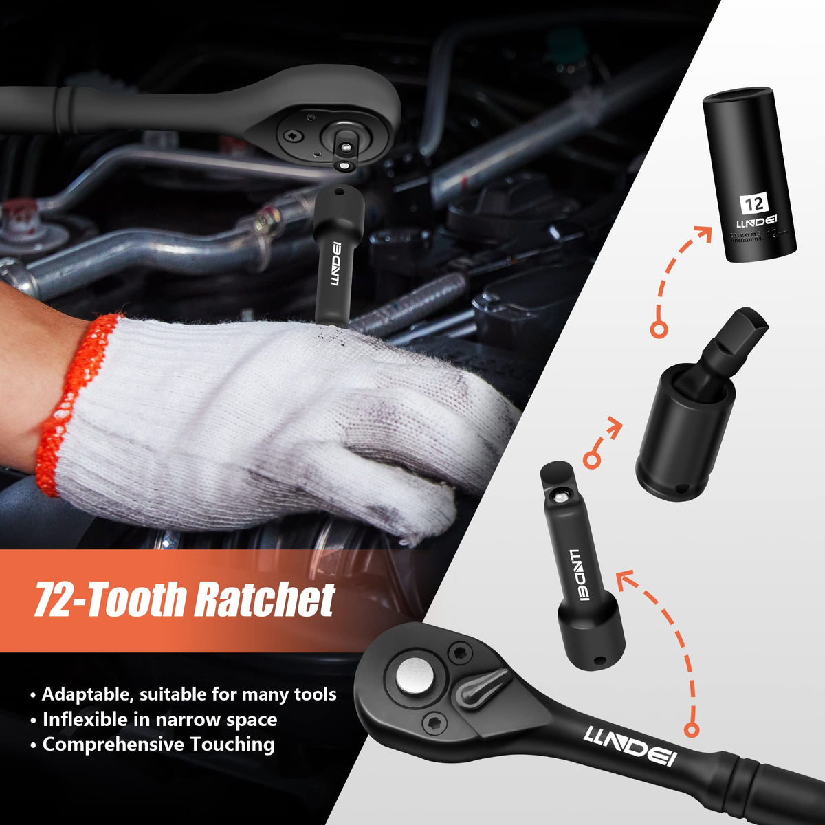 LLNDEI 72-tooth ratchet handle enables smooth turns in tight automotive spaces