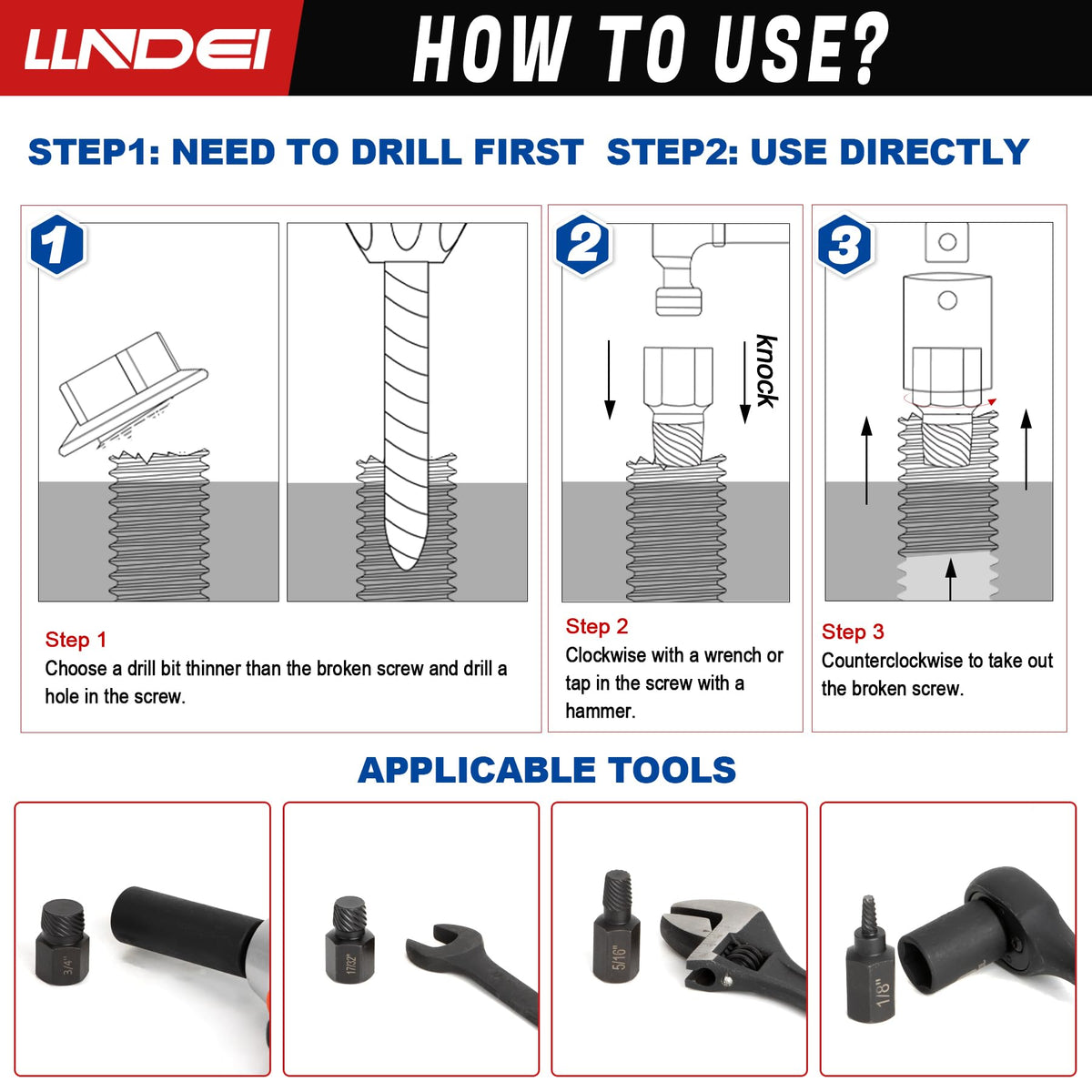 LLNDEI left-hand spiral design for extra bite on damaged fasteners