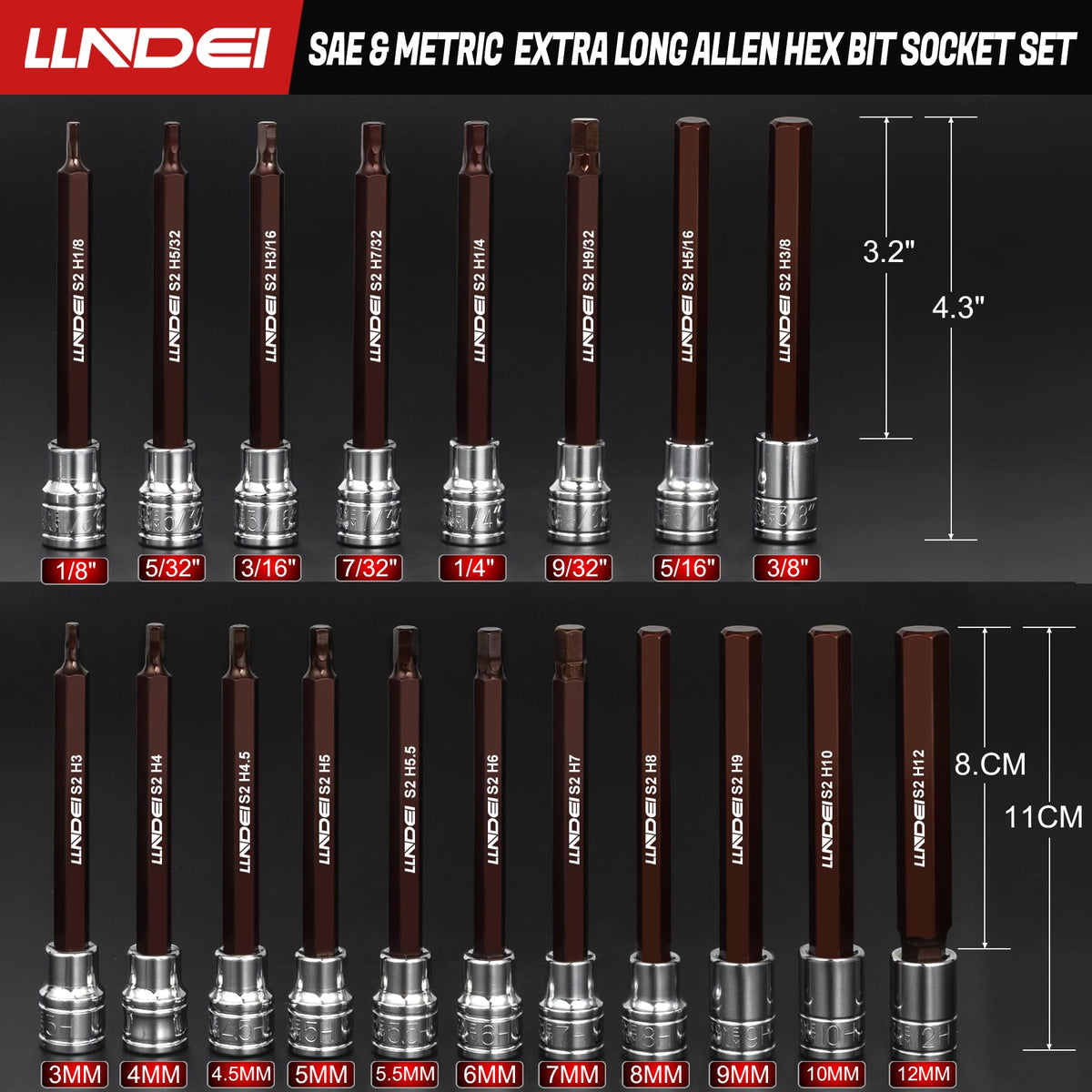 LLNDEI metric sockets 3 mm to 12 mm for precise fits in compact spaces.