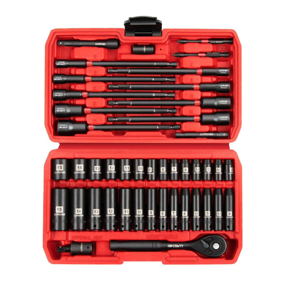 LLNDEI socket set displays deep and shallow metric sockets for versatile projects