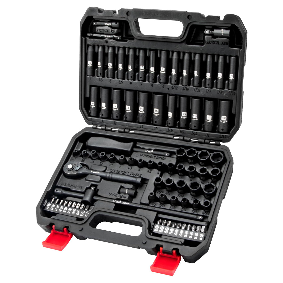 LLNEDL 1/4 drive socket set 83 pieces in tray for automotive tasks
