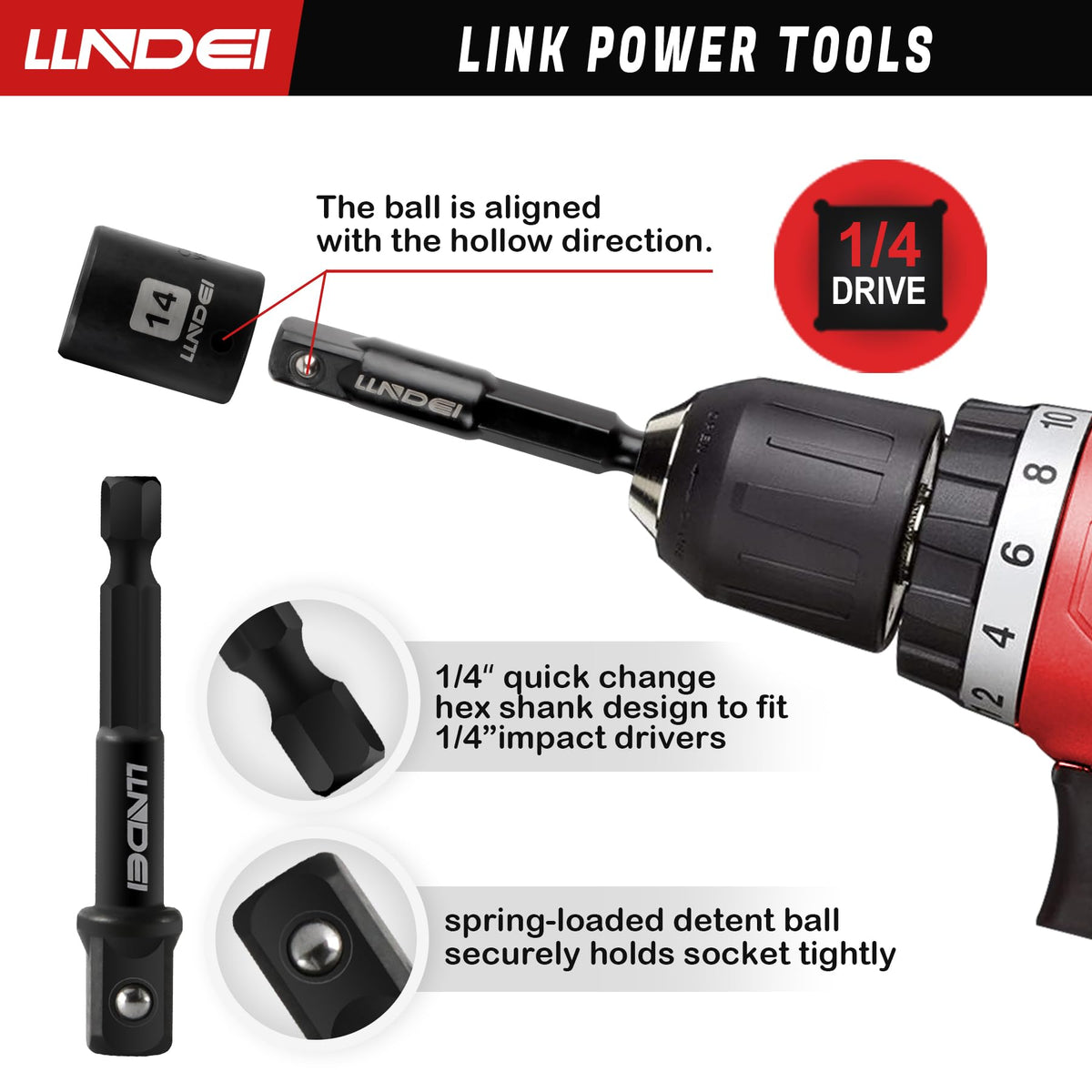 LLNDEI 1/4-inch drill adapter expands drilling options with compatible bits.