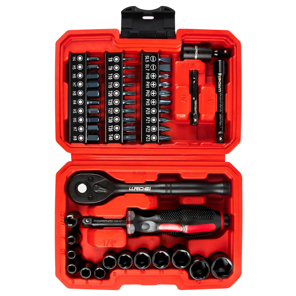 LLNDEI 48-piece 1/4-inch mini socket set with metric shallow sockets for precise fastener work.