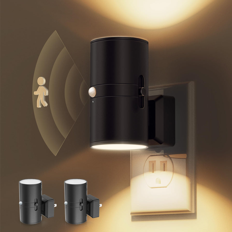 L LOHAS LED motion sensor night light front view, two-pack, warm glow for safe night navigation.