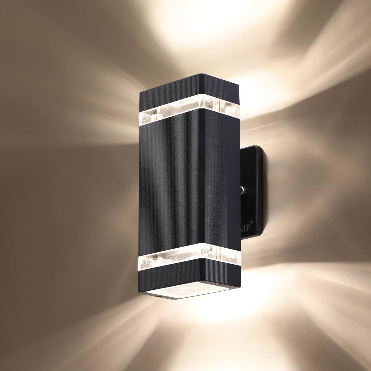 LMP LED square up-down light on porch casting warm 3000K illumination
