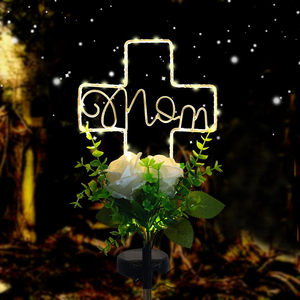 Lmtocs mom cross rose light for meaningful grave remembrance at night.