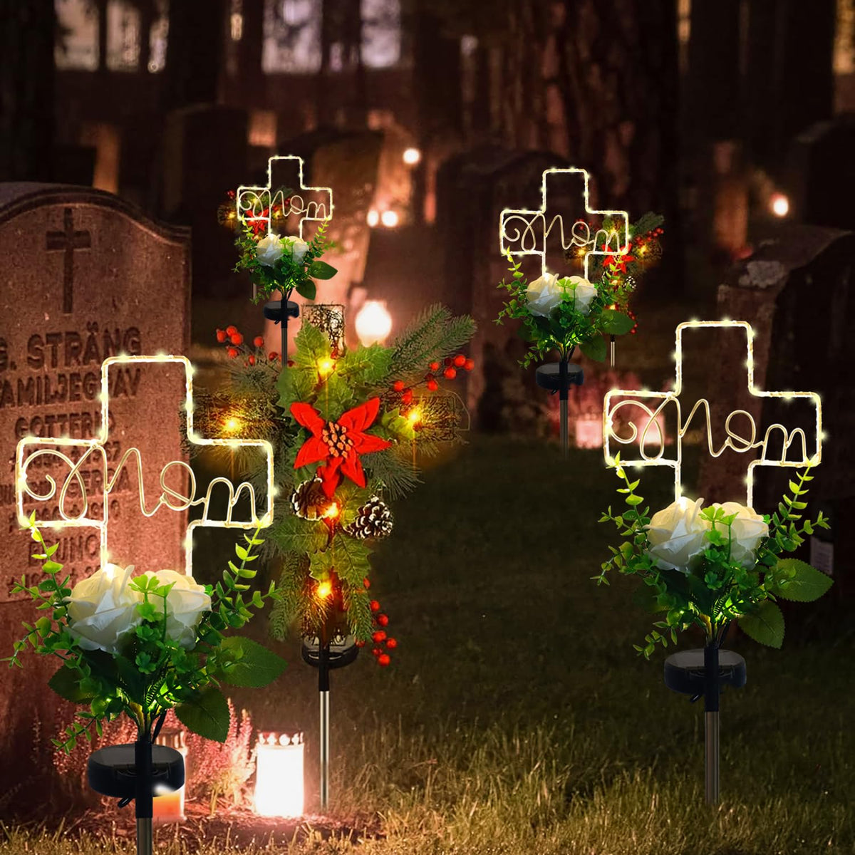 Lmtocs weatherproof grave decor withstands rain, snow, and sun.