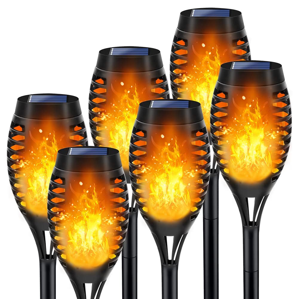 LNRYY outdoor solar torch light flame creates a warm garden ambiance.