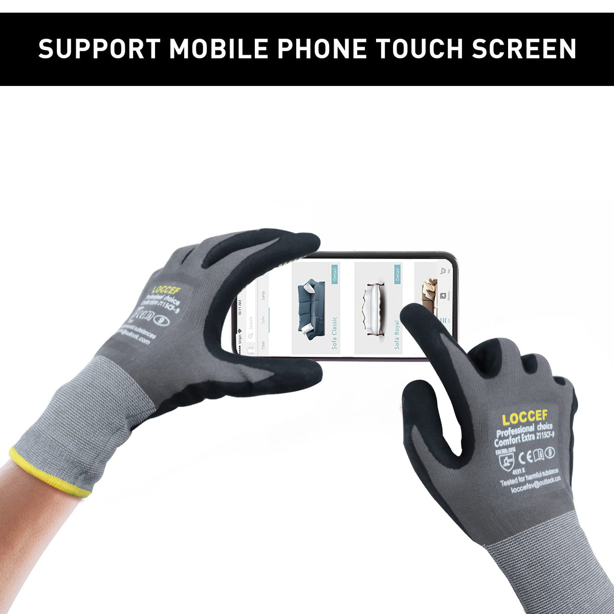 LOCCEF gloves feature tacky dot grip for precise handling of small parts.