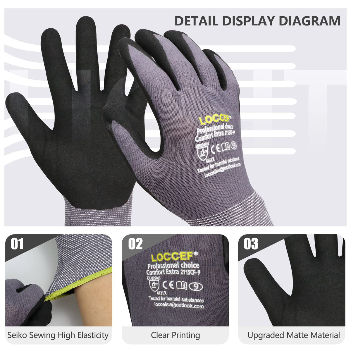 LOCCEF seamless knit nylon gloves designed for extended comfort.