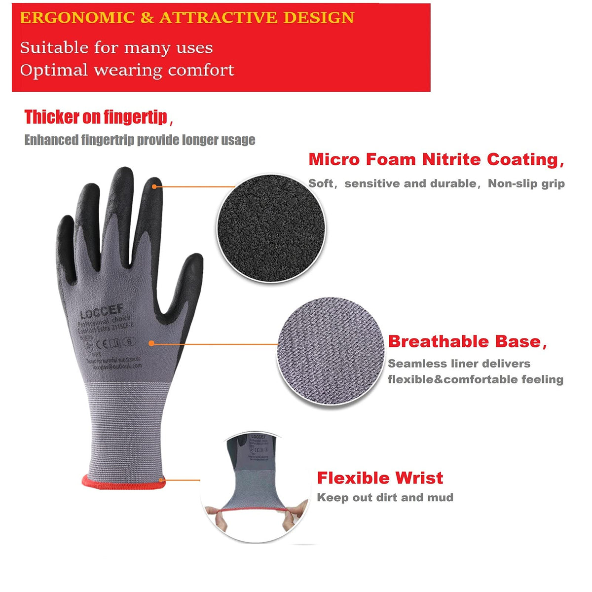 LOCCEF seamless knit nylon gloves offering breathable comfort for all-day wear