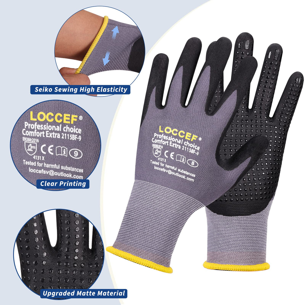 LOCCEF seamless knit nylon construction offers breathable comfort for long tasks.