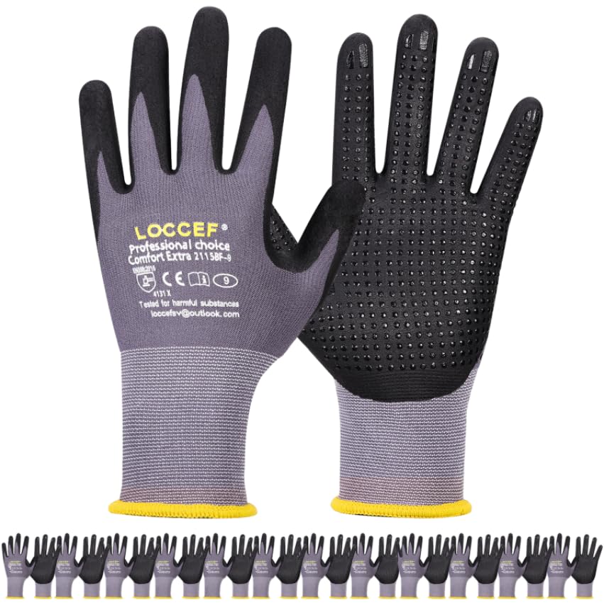 LOCCEF work gloves with microfoam nitrile coating viewed from front for a strong grip.