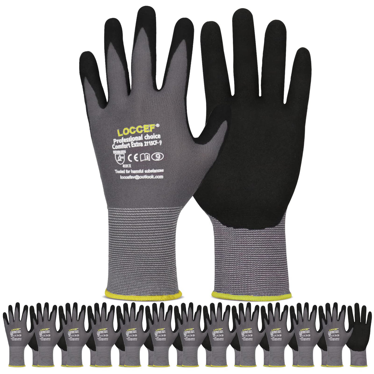 LOCCEF work gloves with MicroFoam nitrile coating for a secure grip.