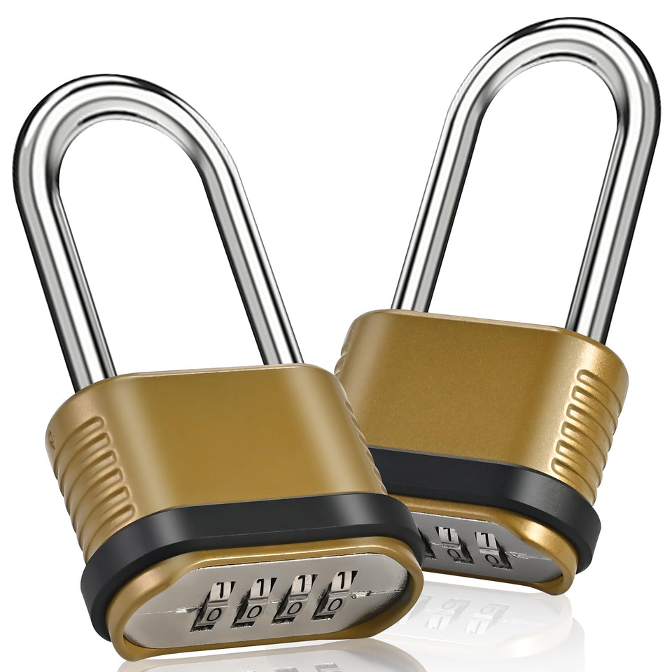 Locilot 4-digit padlock with golden long shackle provides reliable security for outdoor storage.
