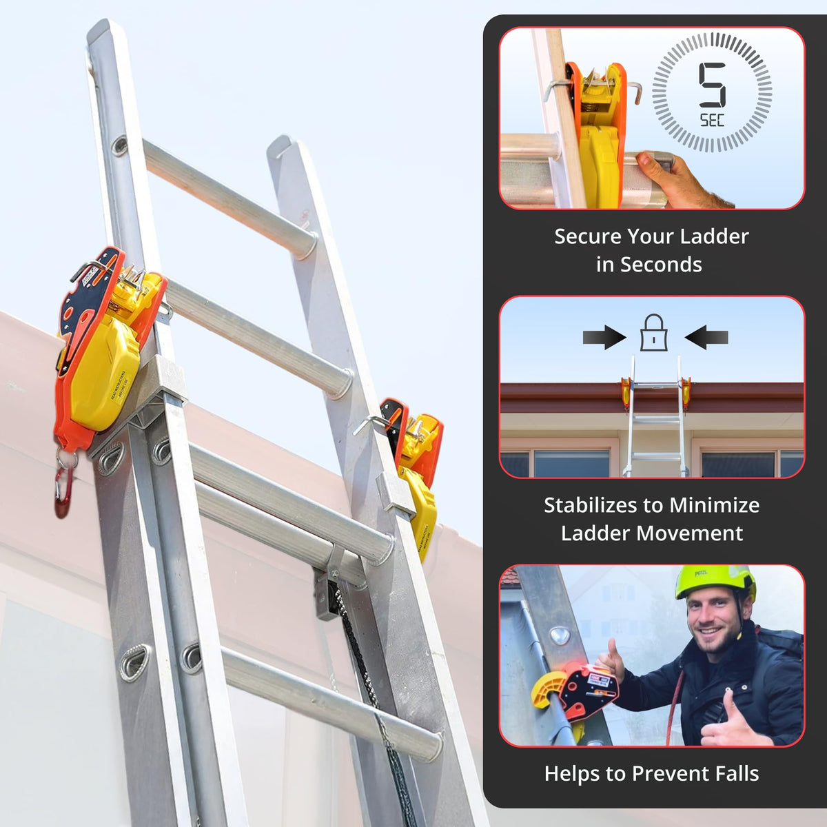 Lock Jaw Slide-Lock System secures ladder top for steady work.
