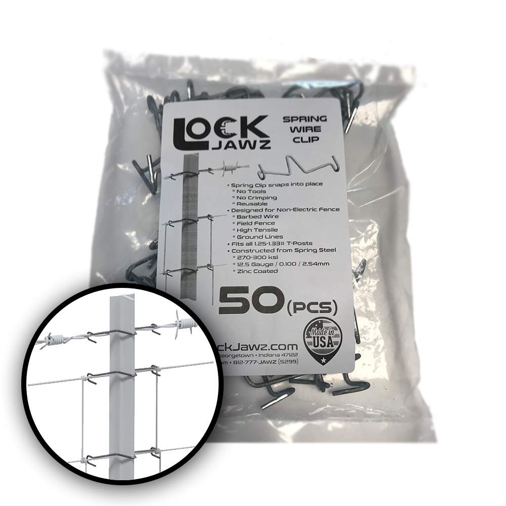 Lock Jawz T-Post spring wire clip close-up showing durable high-carbon steel.