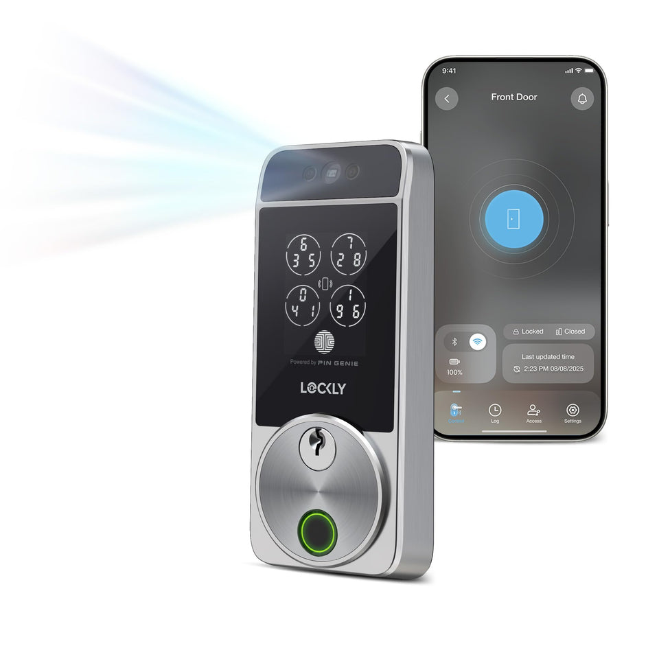 Lockly Visage Zeno face-recognition unlocks the door for hands-free entry.