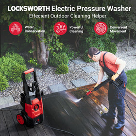 Locksworth portable pressure washer with anti-tip design and wheels for easy mobility.