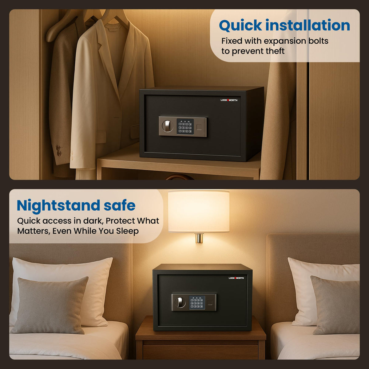 Locksworth Safe bedside use demonstrates compact security beside the nightstand.