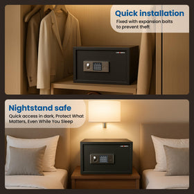 Locksworth Safe bedside use demonstrates compact security beside the nightstand.