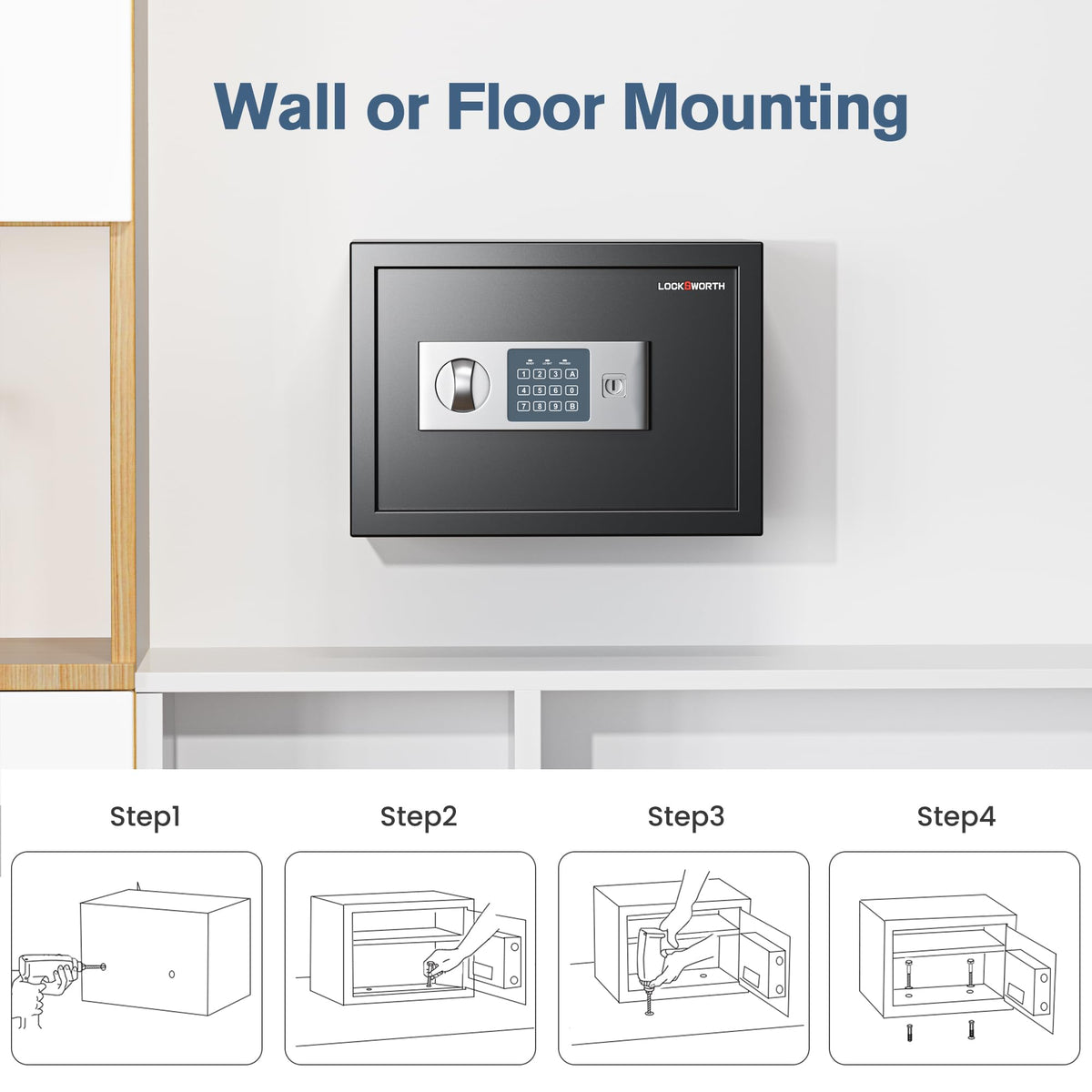 Locksworth safe digital code and override keys provide quick access.