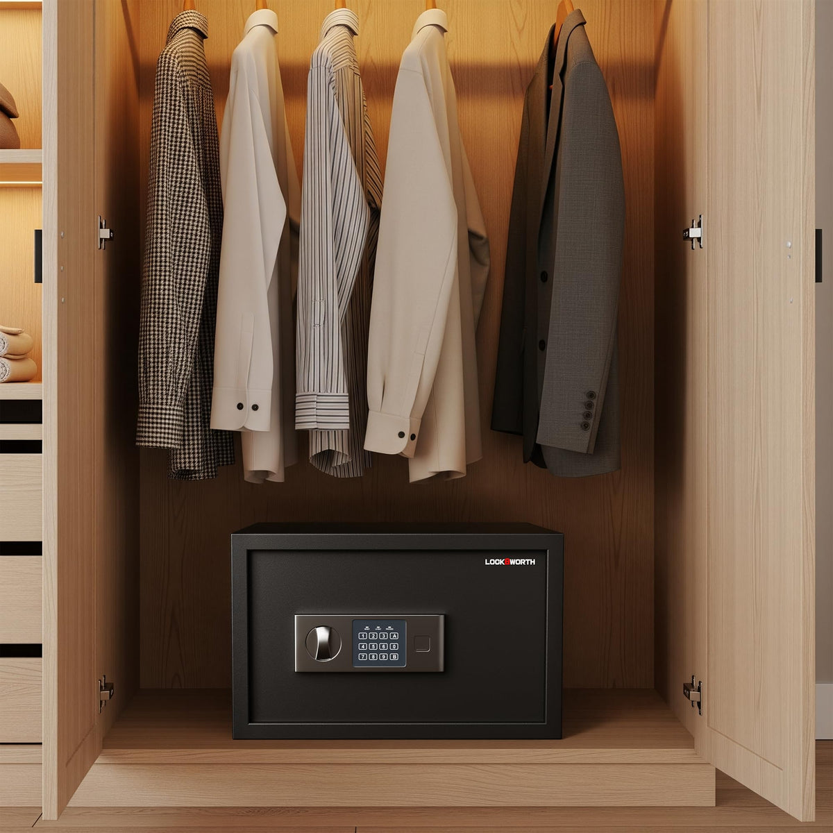 Locksworth Safe dimensions guide shows overall size and fit for desks and closets.