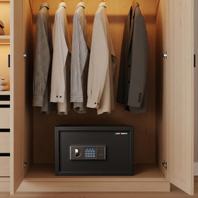 Locksworth Safe dimensions guide shows overall size and fit for desks and closets.