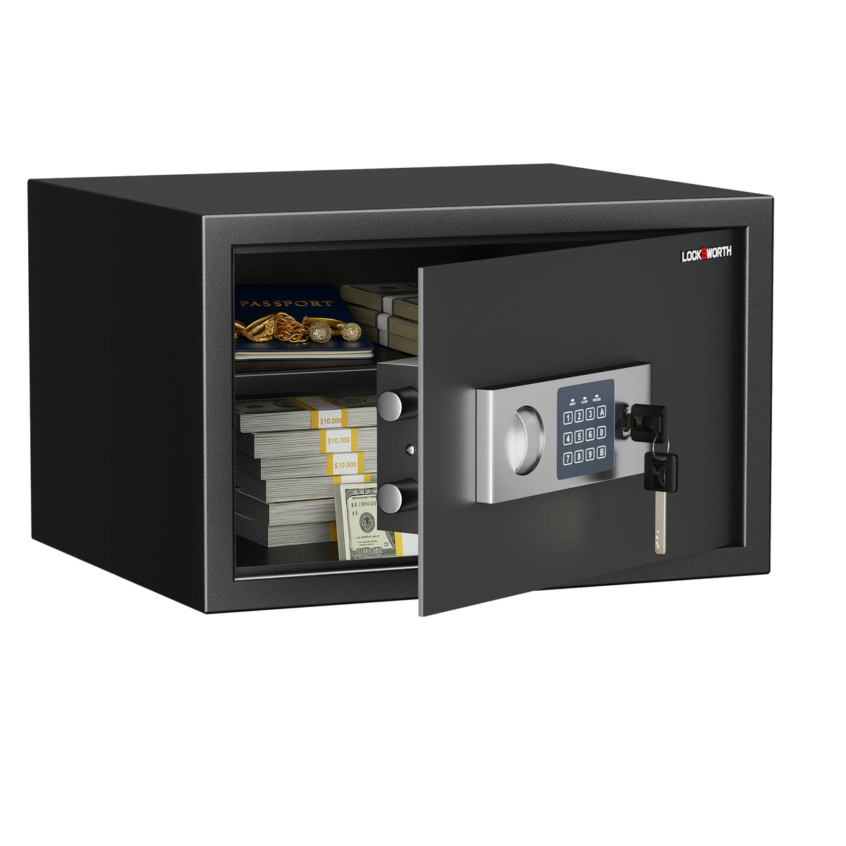 Locksworth Safe exterior front view highlights rugged steel build for secure home storage.