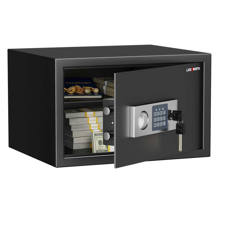 Locksworth Safe exterior front view highlights rugged steel build for secure home storage.