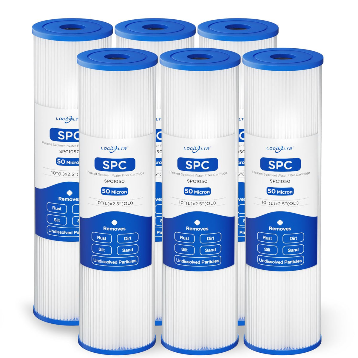 Locofiltr 50-micron pleated sediment filter 10-inch cartridge ready for standard housings.