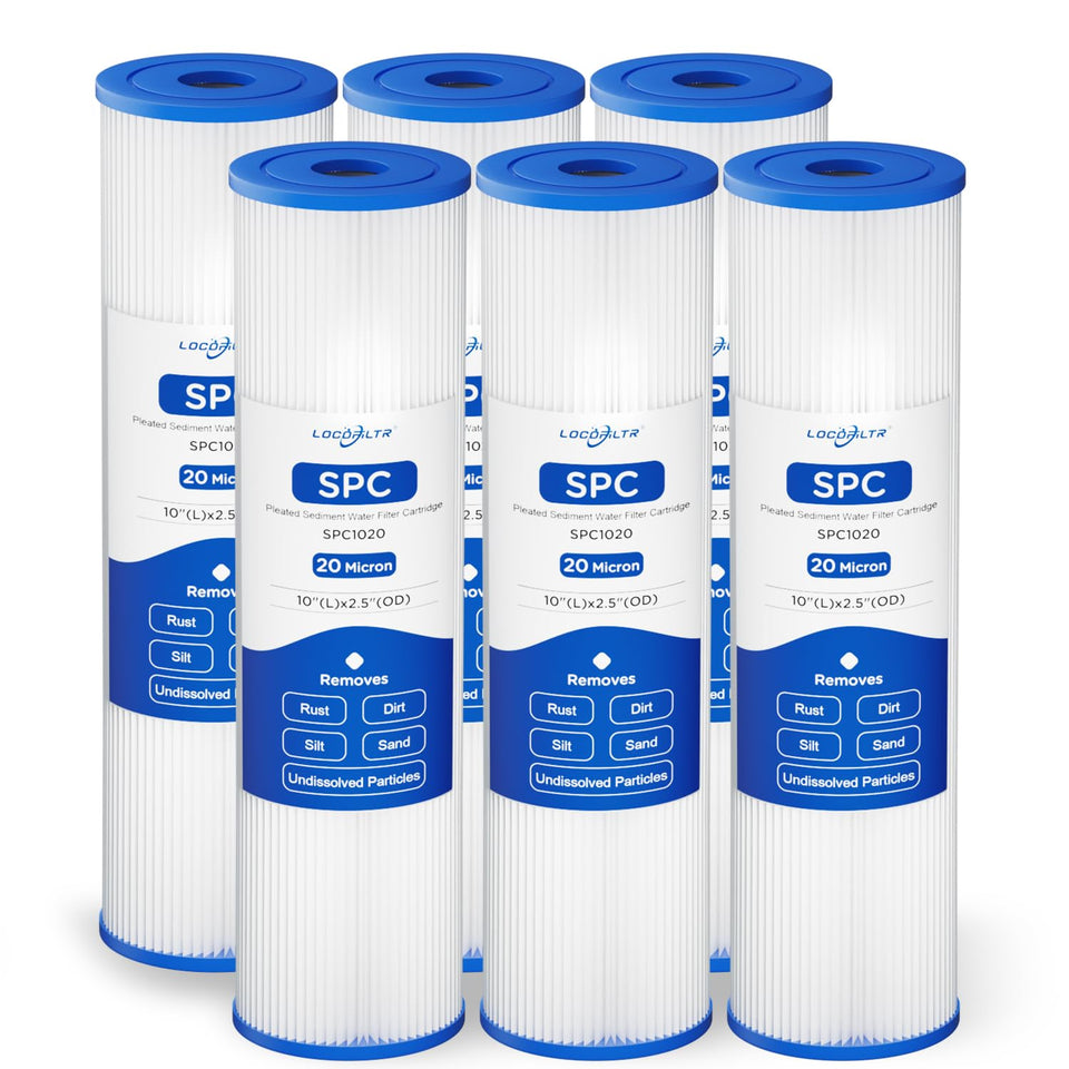 Locofiltr whole-house 20 micron pleated sediment filter in housing improves water clarity