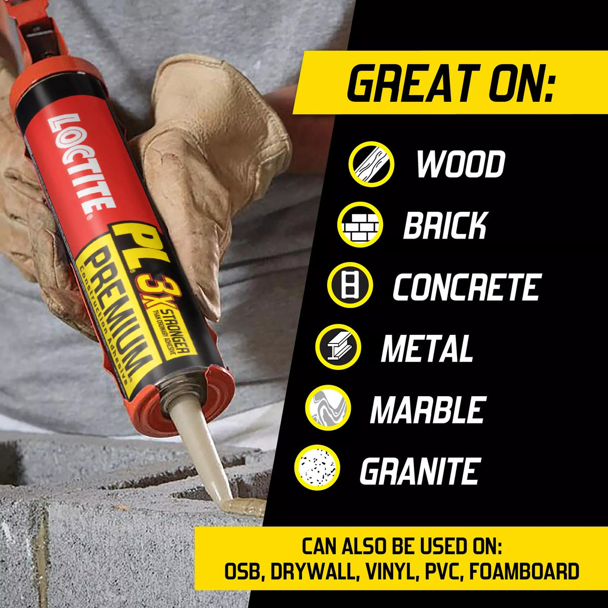 Loctite PL Premium wet surface bonding illustrates exterior adhesion without shrinking.