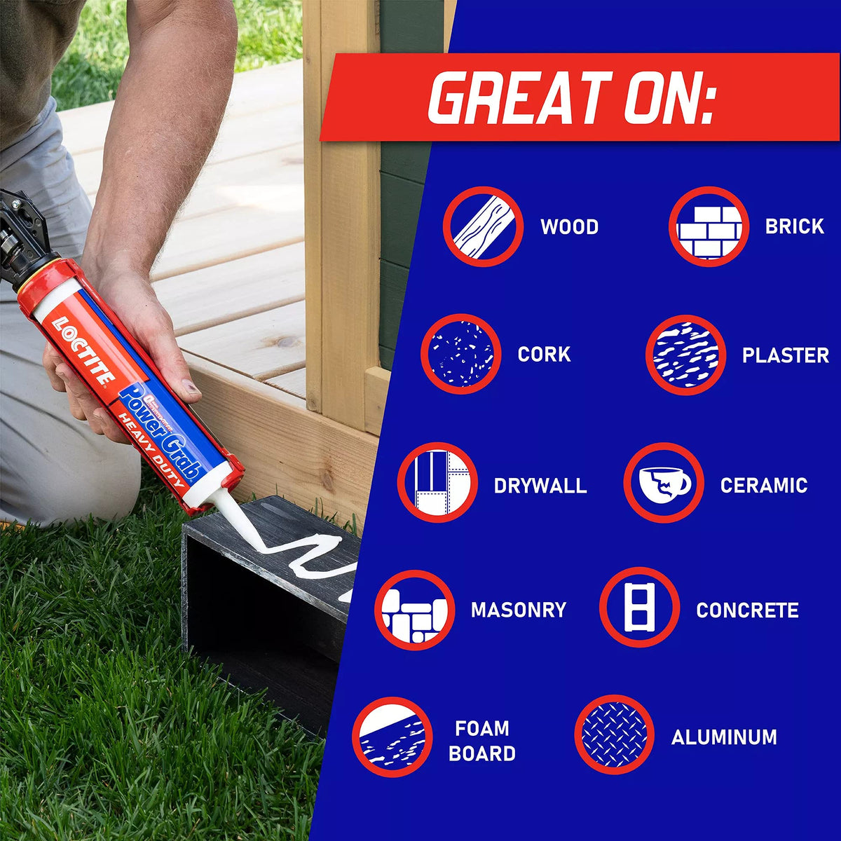 Loctite Power Grab Express packaging highlighting heavy-duty formula for interior projects