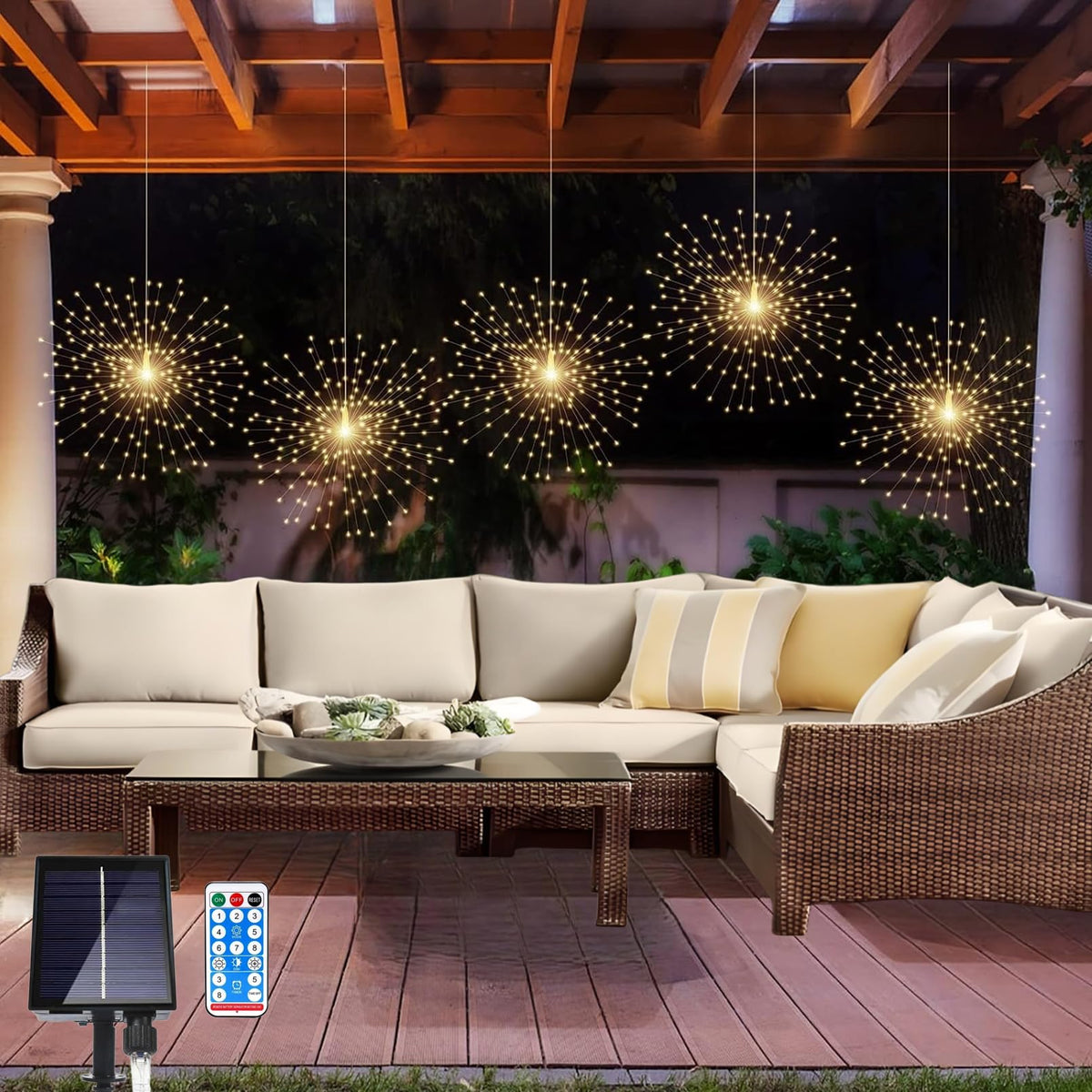 LOFTOLMEA 450 LED solar firework lights on five strings create outdoor ambiance