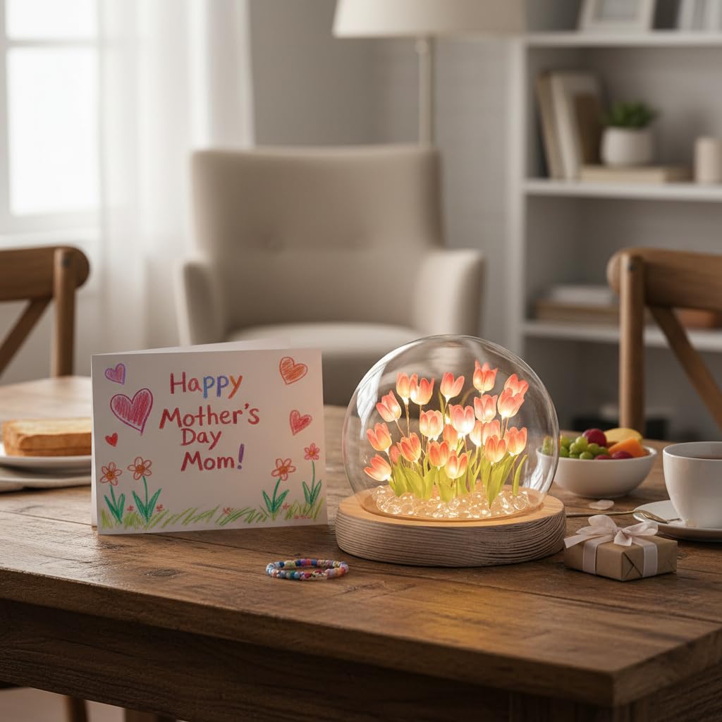 LOGAZOO pink tulips under glass dome add elegant decor and soft light.