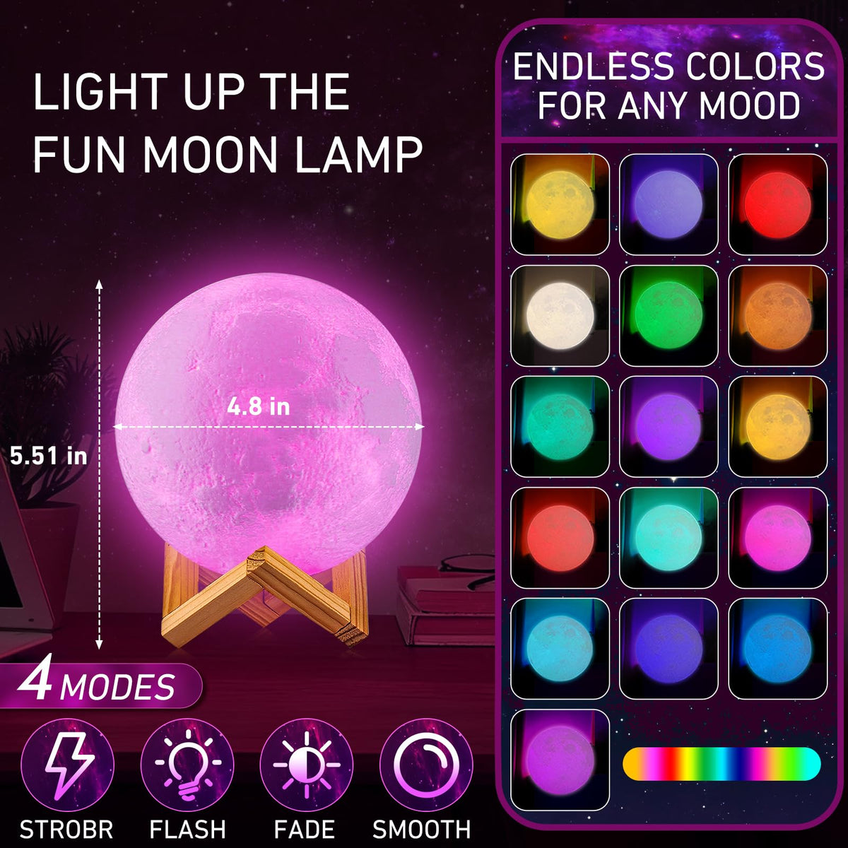 LOGROTATE Moon Lamp timer mode supports 15–60 minute sessions.