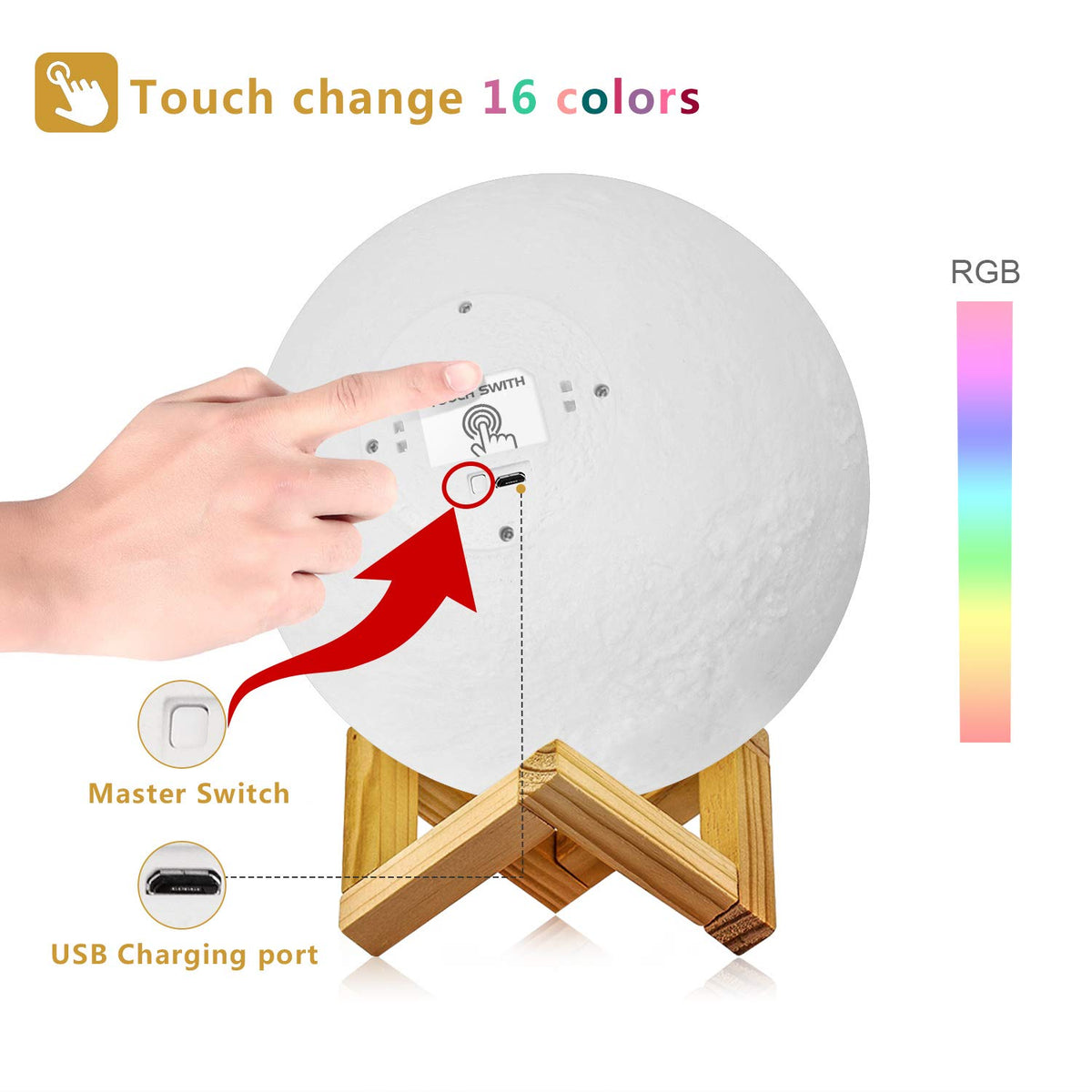 LOGROTATE Moon Lamp on wooden stand adds a stylish centerpiece to a bedroom.